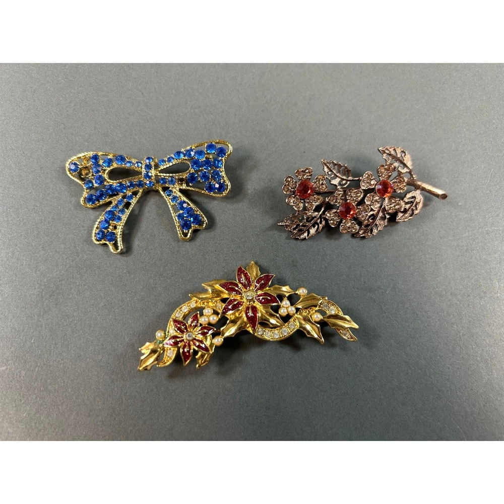 Vintage Brooch Lot 3pc Blue Rhinestone Bow Red Floral Faux Pearl Gold Tone Pins